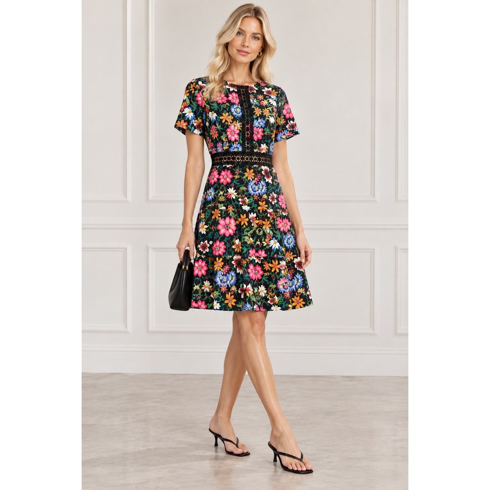 Alexia Admor Fit & Flare Dress Women 10 Black Floral Excellent Crochet Lace Trim